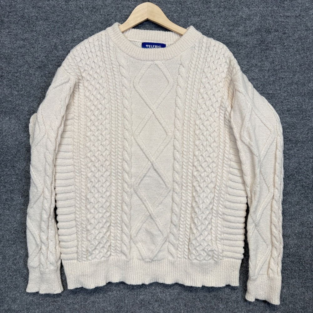 Aelfric Eden Womens Size Large Sweater Cream Chunky Cable Knit Fisherman Cozy